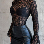 Women's Mock Neck Sheer Lace Bodysuit Flare Long Sleeve See Through Bodysuit