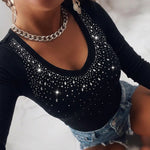 Women's Rhinestone Scoop Neck Long Sleeve Top Slim Fit Ribbed Knit Tee