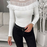 Women's Ruffle Sheer Mesh Spliced Long Sleeve Ribbed Knit Top