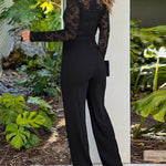 Metal Decor Scallop Trim V-Neck Lace Overlay Jumpsuit Casual Lace Long Sleeve Zipper Back Jumpsuit