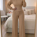 2 Pieces Outfit O-neck Long Sleeve Cinched Waist Sweatshirt and Elastic Waist Wide Leg Pants Set Casual Seam Design Sweatpants Set