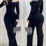 Women's Cold Shoulder Rhinestone Long Sleeve Jumpsuit Mock Neck Flare Leg Overalls