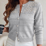 Women's Pearl Beaded Knit Cardigan Elegant Hollow Out Crop Sweater Casual Button Down Coat