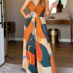 Abstract Print V-Neck Stretchy Thick Straps High Waist Backless Overalls Casual Shirred Waist Cinched Waist Wide Leg Jumpsuit
