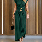 Women's Boat Neck Ruched Maxi Dress Gold Buckle Cap Sleeve Formal Evening Gown