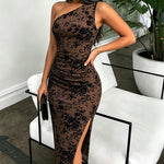 Women's Glitter One Shoulder Flocked Floral Mesh Bodycon Dress Ruched Slit Party Dress