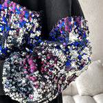 Colorblock Sequin Patchwork Long Sleeve Jacket Top Button Front Raw Hem Shacket