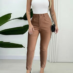 Elastic Waist Padded Stretch Slim Fit Calf Pants with Pocket