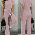 Women's 2 Piece Knit Set Lace Patchwork Short Sleeve Top and Wide Leg Pants Casual Ribbed Brushed Lounge Set