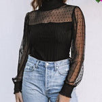 Turtle Mock Neck Polka Dot Sheer Mesh Long Sleeve Bodysuits Slim Body Suits Leotard Tops Jumpsuit