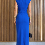 Women's Cowl Neck Cap Sleeve Gold Buckle Ruched Slim Fit Dress Wrapped Slit Midi Dress