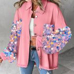 Contrast Sequin Long Sleeve Jacket Top Button Front Raw Hem Loose Fit Shacket