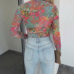 Women's Floral Print Sheer Mesh Top Long Sleeve Slim Fit Crewneck Layering Top with Thumb Hole Cuffs
