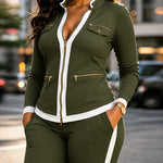 Women's 2 Piece Set Two-Way Zipper Front Stand Collar Top and High Waist Straight Leg Pants Casual Tracksuit