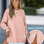 Letter Patch Detail Long Sleeve Drop Shoulder Pullover Sweatshirt Casual Zipper Side Slit Top