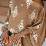 Women's Vintage Print Two-Piece Set Off-Shoulder Batwing Sleeve Top and High-Waisted Shorts Casual Vacation Set