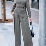 Women's 2 Piece Outfit Off Shoulder Ruched Asymmetrical Top and Wide Leg Pants Set Casual Loungewear