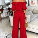 Women's Ruffle Off Shoulder Short Sleeve High Waist Split Wide Leg Jumpsuit with Belt