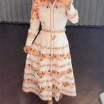 Floral Placement Print Turn-down Collar Puff Sleeve Vacation Dress Casual Button Down Shirt Dress With Belt and Lining