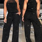 Women's Glitter Halter Tie Jumpsuit Casual Hollow Out Wide Leg Overalls Sparkling Drawstring Waist Jumpsuit with Pockets