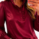 Women's Satin Frill Hem Blouse Long Sleeve Half Button Shirt Elegant Stand Collar Office Work Top