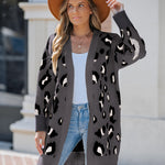 Women's Leopard Pattern Open Front Mid-length Knit Cardigan Sweater Coat
