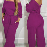 Off Shoulder V Back Elastic Waist Pockets Design Jumpsuit Casual Drop Shoulder Cinched Waist Wide Leg Jumpsuit