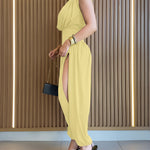 Padded Shoulders Sleeveless Cinched Waist Side High Slit Overalls Casual Hollow-out Back Ruched Jumpsuit