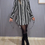 Women's Striped Shirt Dress Button Down Long Sleeve Shirred Waist Casual Dress