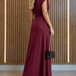 Women's Boat Neck Ruched Maxi Dress Gold Buckle Cap Sleeve Formal Evening Gown