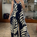 Tropical Plants Print V-Neck Sleeveless Zipper Back Overalls Casual Ruched Wide Leg Loose Fit Jumpsuit