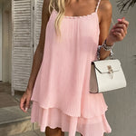 Women's Pearls Embellished Straps Mini Dress Backless Pleated Dress Casual Double Layer Lettuce Trim Cami Sun Dress