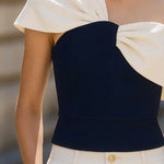 Loose Asymmetric Contrast Color Pleated Split-Joint One-Shoulder Blouses&Shirts Tops