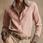 Western Retro Leopard Print Pink Faux Suede Long-Sleeve Shirt