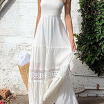 Margovil Strapless Tube Hollow Out Lace Splice Tiered Maxi Dress