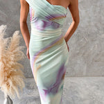 One Shoulder Watercolor Swirl Maxi Bodycon Dress