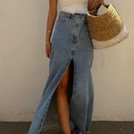 Margovil Raw Hem High Slit Maxi Denim Skirt