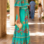 Margovil Off Shoulder Bow Waist Floral Print Ruffle Tiered Maxi Dress