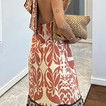 Criss Cross Halter Open Back Printed Maxi Vacation Dress