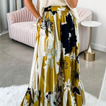 High Waist Printed Ruffle Swing Maxi Skirt