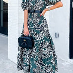 Off Shoulder Puff Sleeve Ruffle Swing Print Maxi Dress