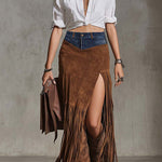 Margovil High Rise Denim Splice Faux Suede Slit Fringe Maxi Skirt