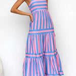 Margovil Spaghetti Strap Tiered Color Block Striped Maxi Dress