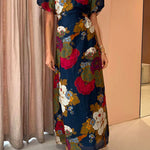 Margovil Puff Sleeve Cut Out Waist Floral Maxi Swing Dress