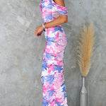 Off Shoulder Back Slit Ruched Print Maxi Dress