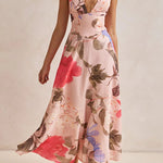 Halter V Neck Lace-up Waisted Floral Print Maxi Dress