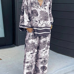 Margovil Lapel V Neck Long Sleeves Shirt Wide Leg Pants Printed Casual Set