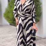 Long Sleeves Wide Leg Split-Joint Tied Waist Zebra Printed Lapel Jumpsuits