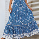 Nadorine Women's Bohemian Floral Skirt Elastic High Waist A- Line Tiered Flowy Beach Maxi Skirt
