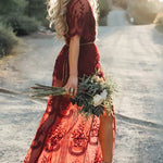 Floral Lace Maxi Dress V Neck Short Sleeve Boho Wedding Bridesmaid Evening Party Beach Slit Flowy Long Dresses